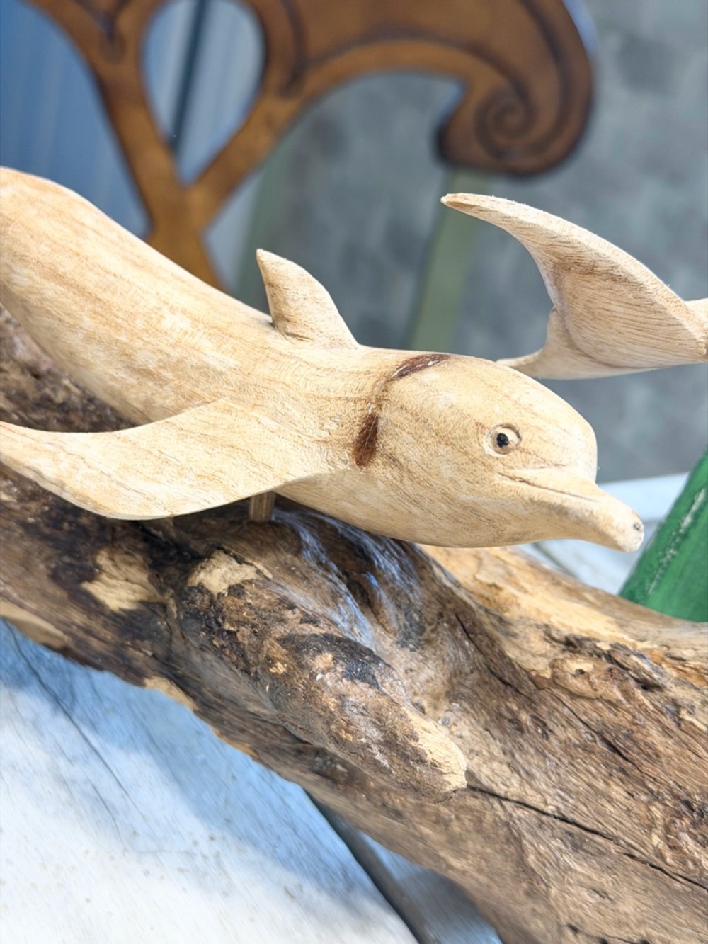 Vintage Hand Carved Triple Dolphin Wooden Sculpture. Sits | Hangs | 18” Coastal